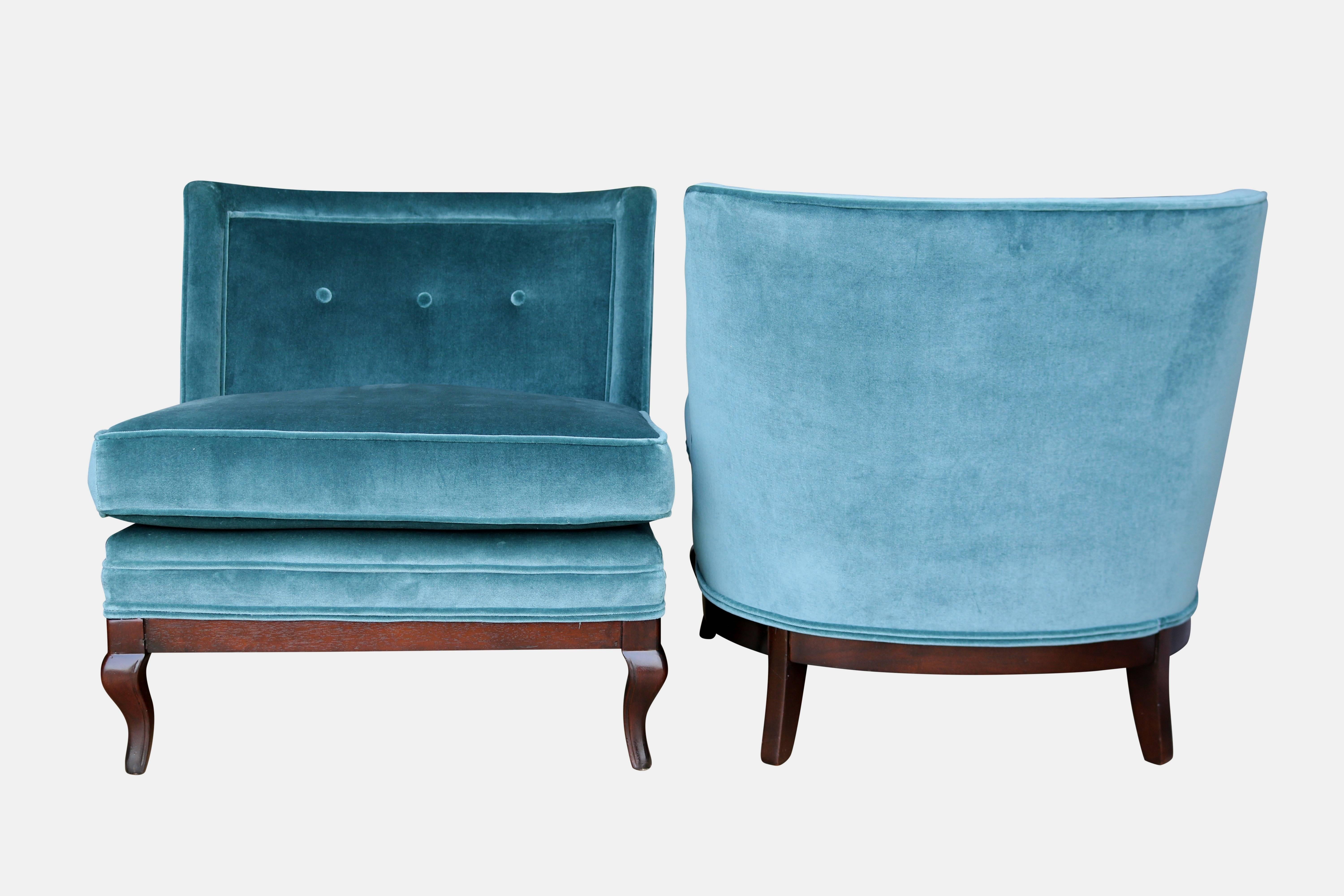 American Pair of 1960s Blue Velvet and Walnut Slipper Chairs