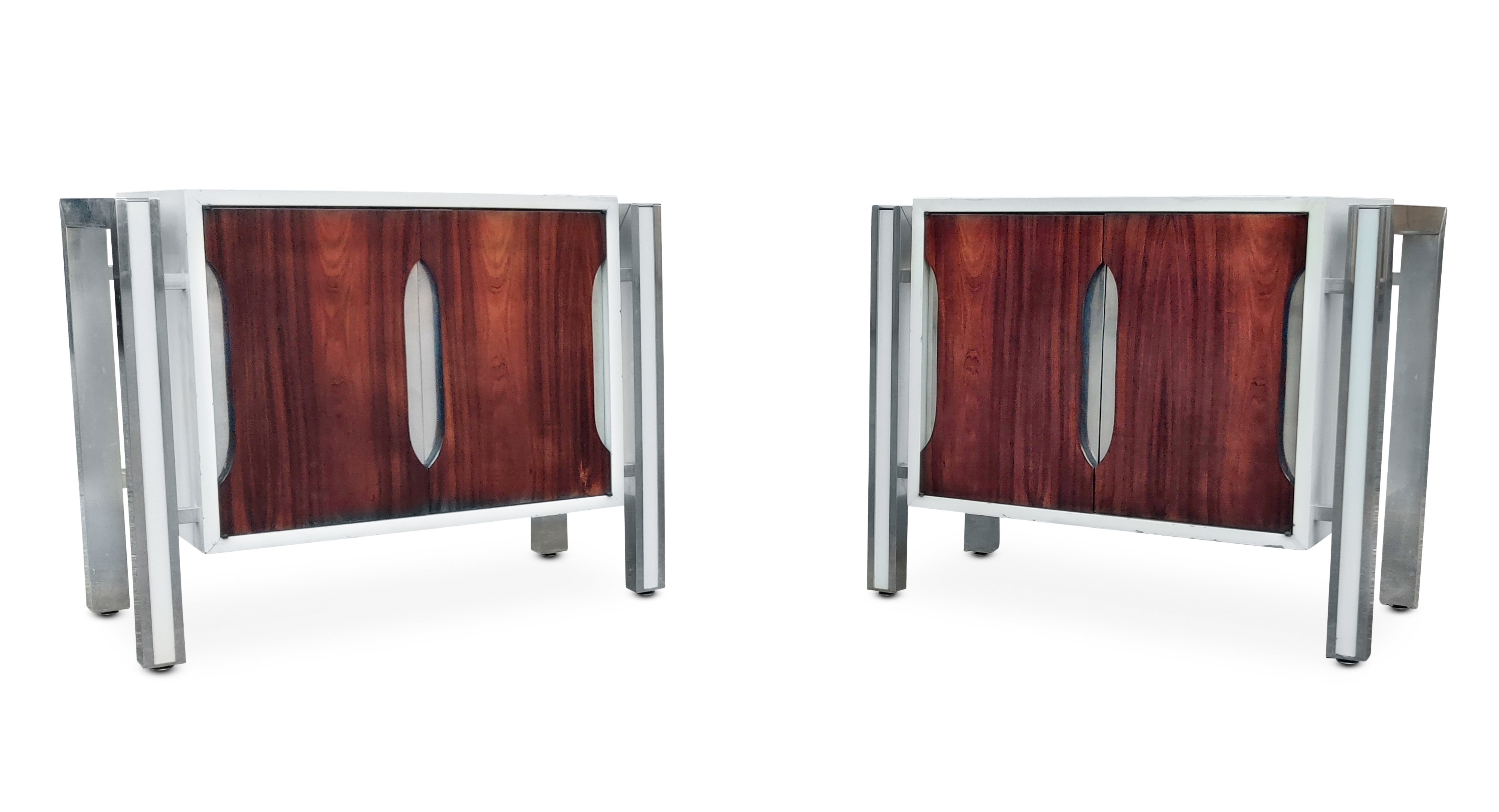 Pair of 1970s Milo Baughman Style Rosewood, Laminate, and Aluminum Nightstands