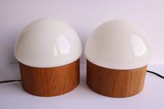 Pair of Mid-Century Modern Round Teak and Glass Dome Table Lamps