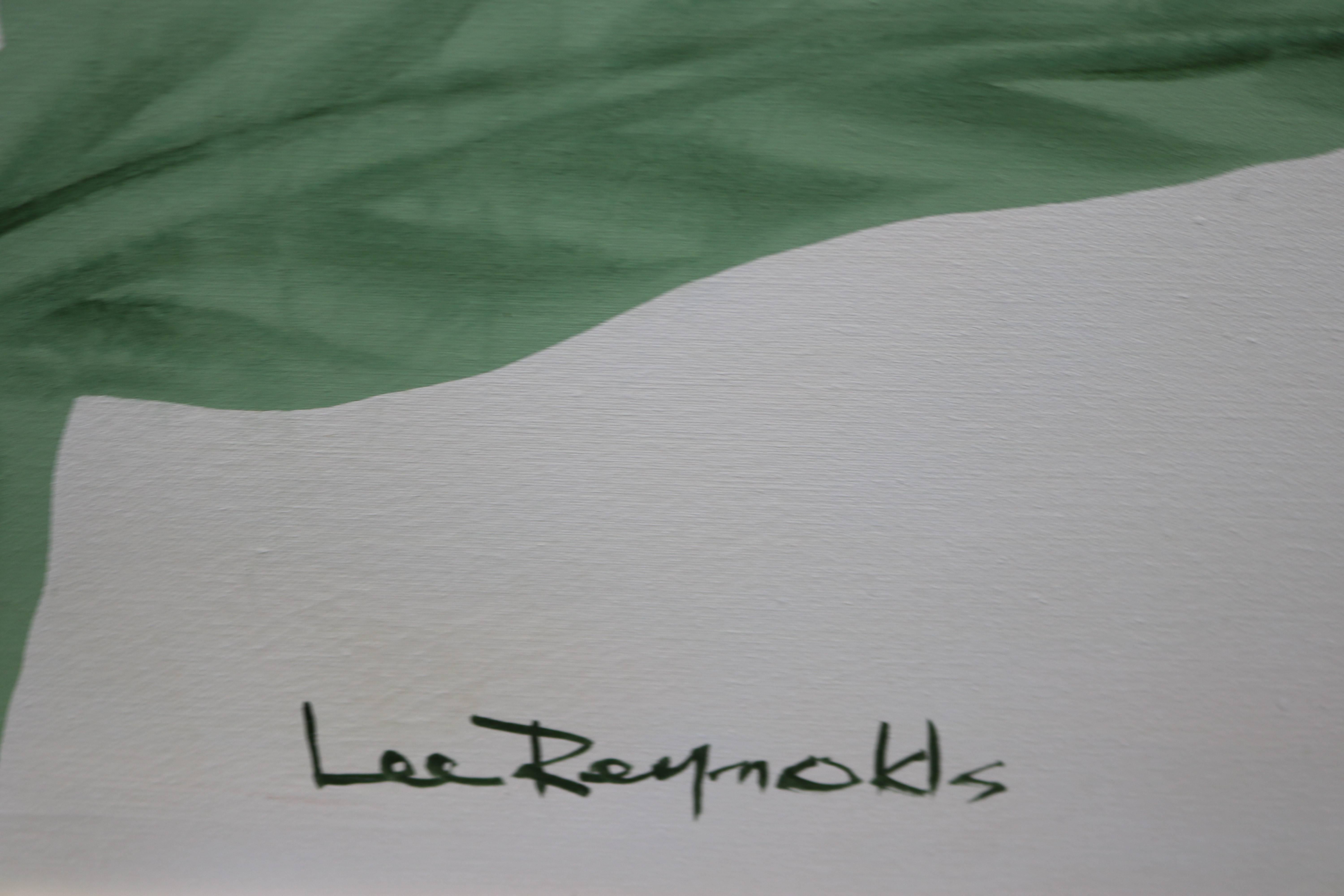 This large 48 x 60 inch oil painting by well known mid century LA artist Lee Reynolds depicts a bouquet of Bird of Paradise flowers on a cream background.  Brass frame.  Painting has light signs of age - a small area of light discoloration and