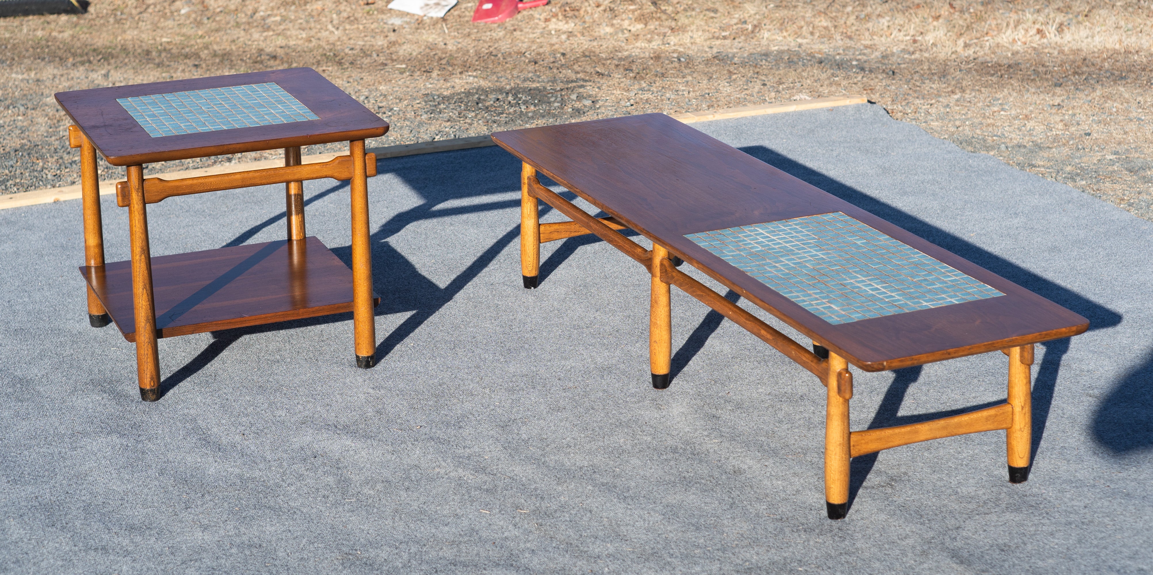 Lane "Monte Carlo" Blue Tile Top and Walnut Coffee and Side Table Set