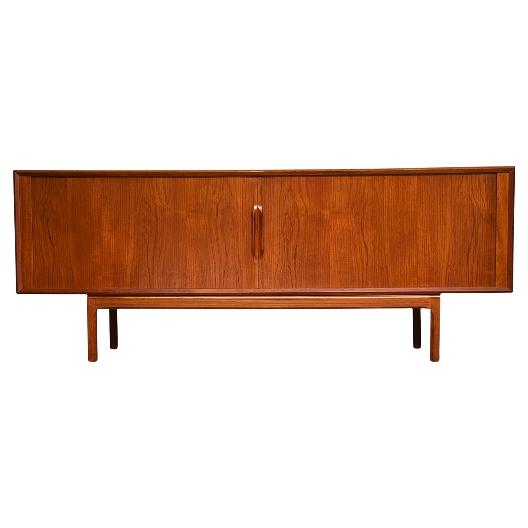 Mid-Century Modern Danish Long Teak Credenza Tambour Cabinet by Kai Kristensen