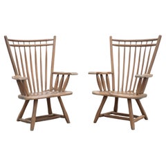 Vintage Hunt Country Furniture Carved Mixed Woods Lounge Chairs Spindled Backs