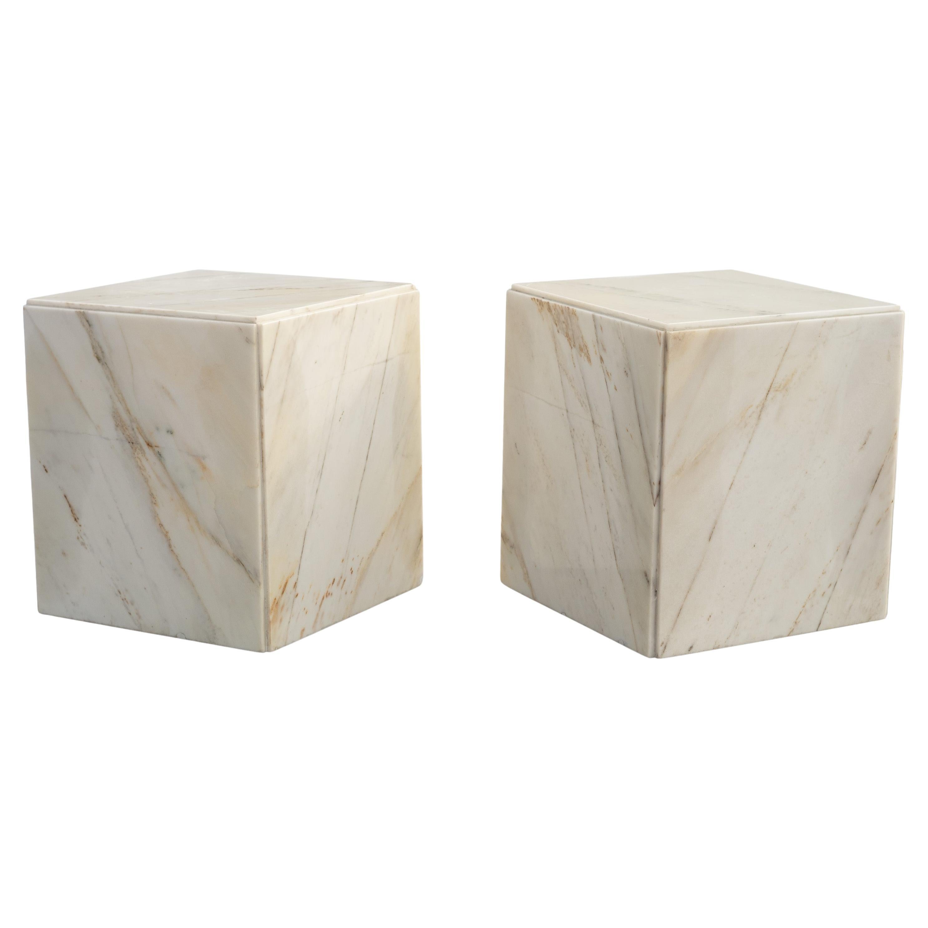 Vintage Pair of Monumental Marble Cube Tables in Calacatta Gold with Casters