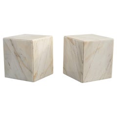 Vintage Pair of Monumental Marble Cube Tables in Calacatta Gold with Casters