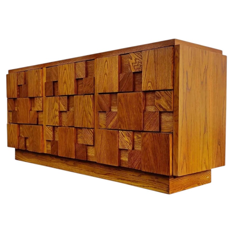 Restored, Paul Evans Style, Lane Brutalist Staccato Mosaic Oak 9 Drawer Dresser