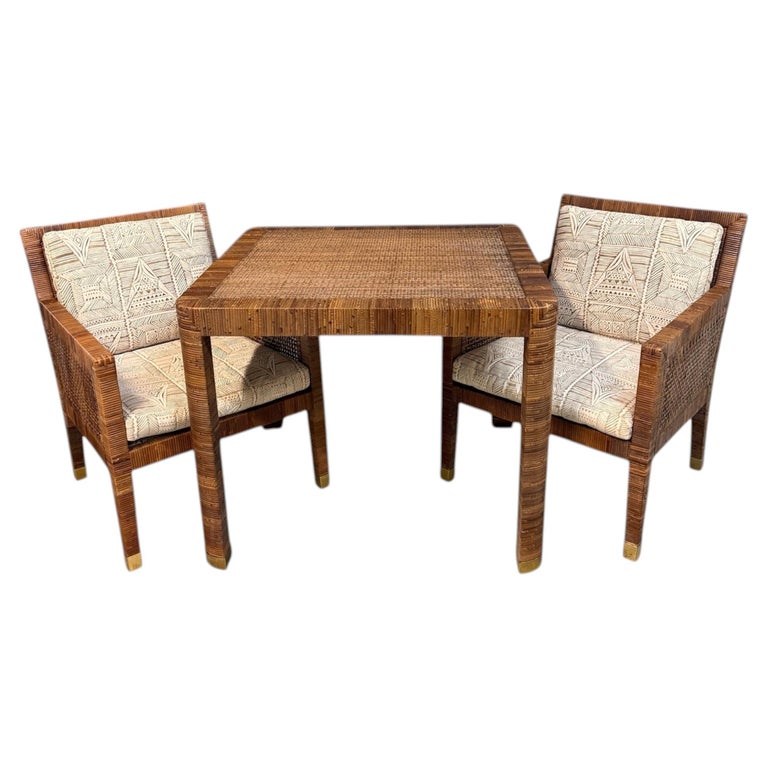 Billy Baldwin for Bielecky Brothers Rattan Game Table and Chairs, Set of 3 1970s