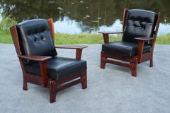 Pair Cushman Colonial Style Maple & Leather Lounge Chairs by Eisen Brothers