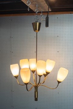 Paavo Tynell for Idman Model 9007/8 Chandelier in Brass & Milk Glass, Finland