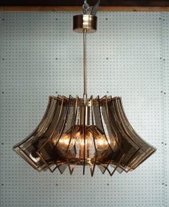 Extraordinary Brass and Smoked Glass Pendant Lamp Chandelier, Italy, 1970s