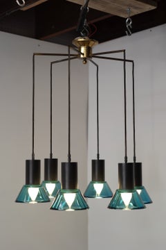 Rare Flavio Poli for Seguso 6-Bulb Brass & Steel Chandelier with Green Glass