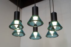 Raro lampadario a 6 lampadine in ottone e acciaio di Flavio Poli per Seguso, con vetri verdi
