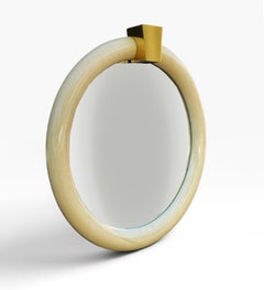 Mid-Century Post Modern Large Round or Circular Wall Mirror in Beige & Brass