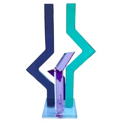 Signed Shlomi Haziza Op Art Acrylic Lucite Table Sculpture in Green & Purple