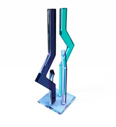 Signed Shlomi Haziza Op Art Acrylic Lucite Table Sculpture in Green & Purple