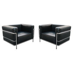 Pair of Bauhaus Design Black Leather & Chromed Steel Club or Lounge Chairs
