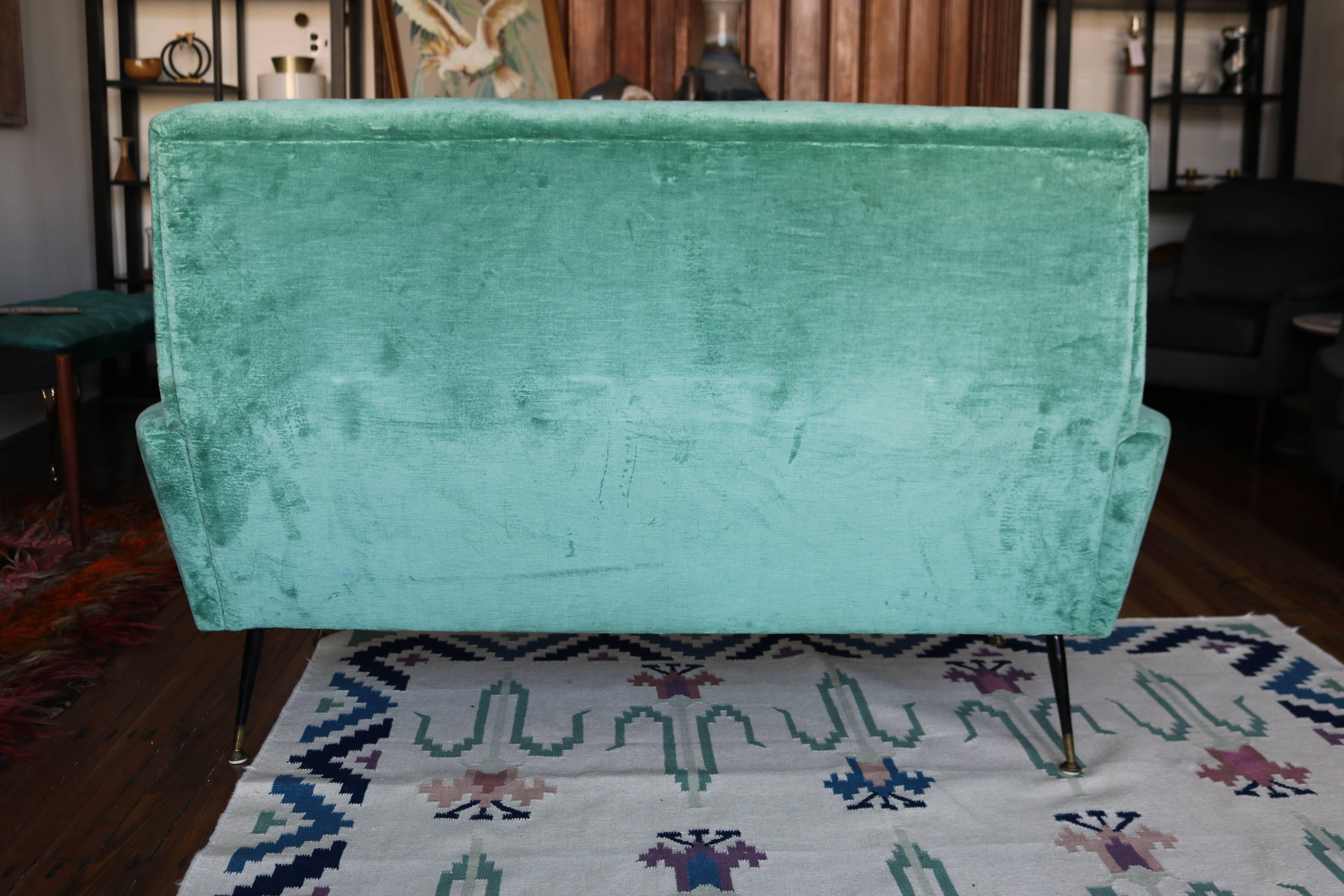 Brass Mid-Century Modern Italian Aqua Velvet Sofa