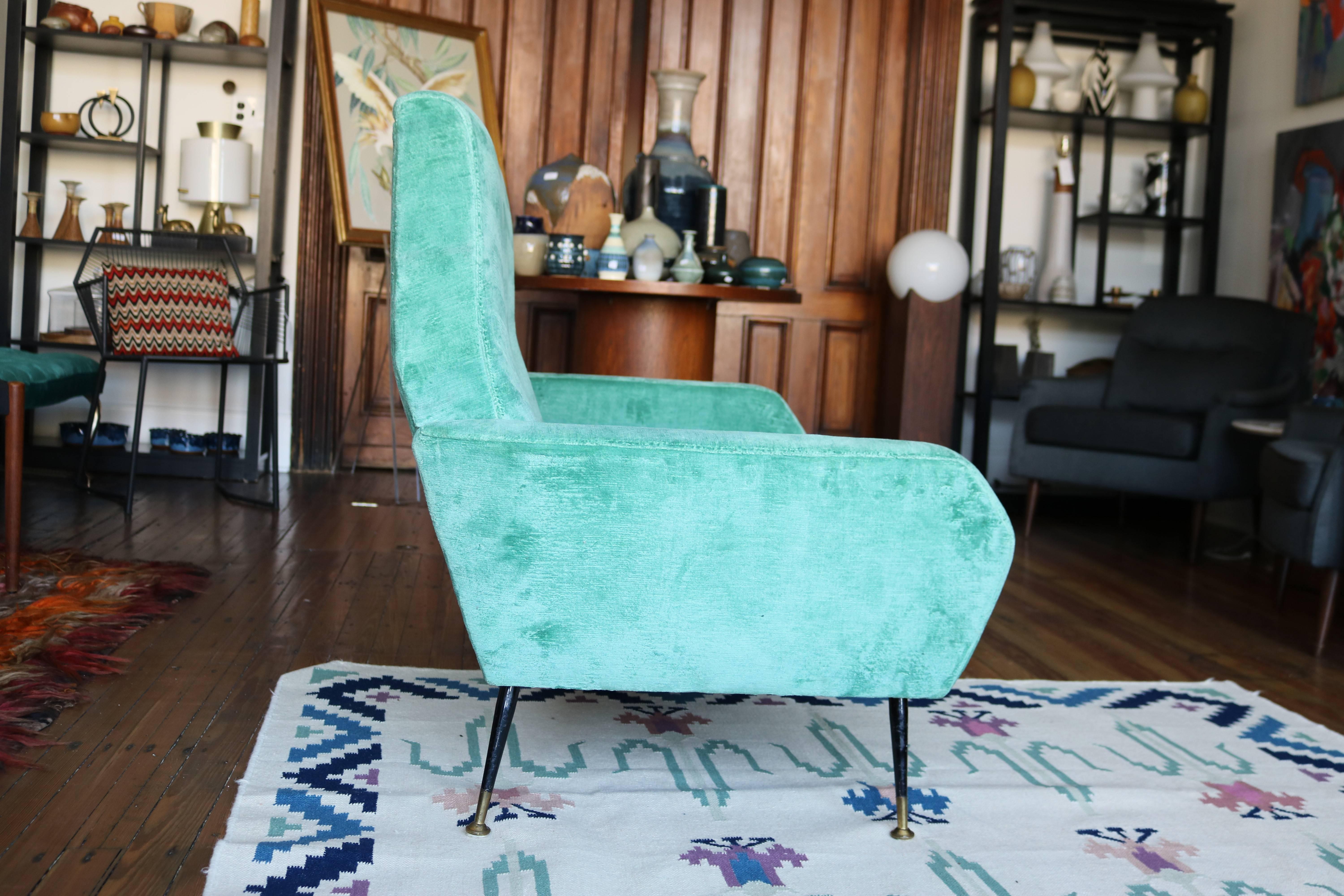 Mid-Century Modern Italian Aqua Velvet Sofa In Good Condition In Philadelphia, PA