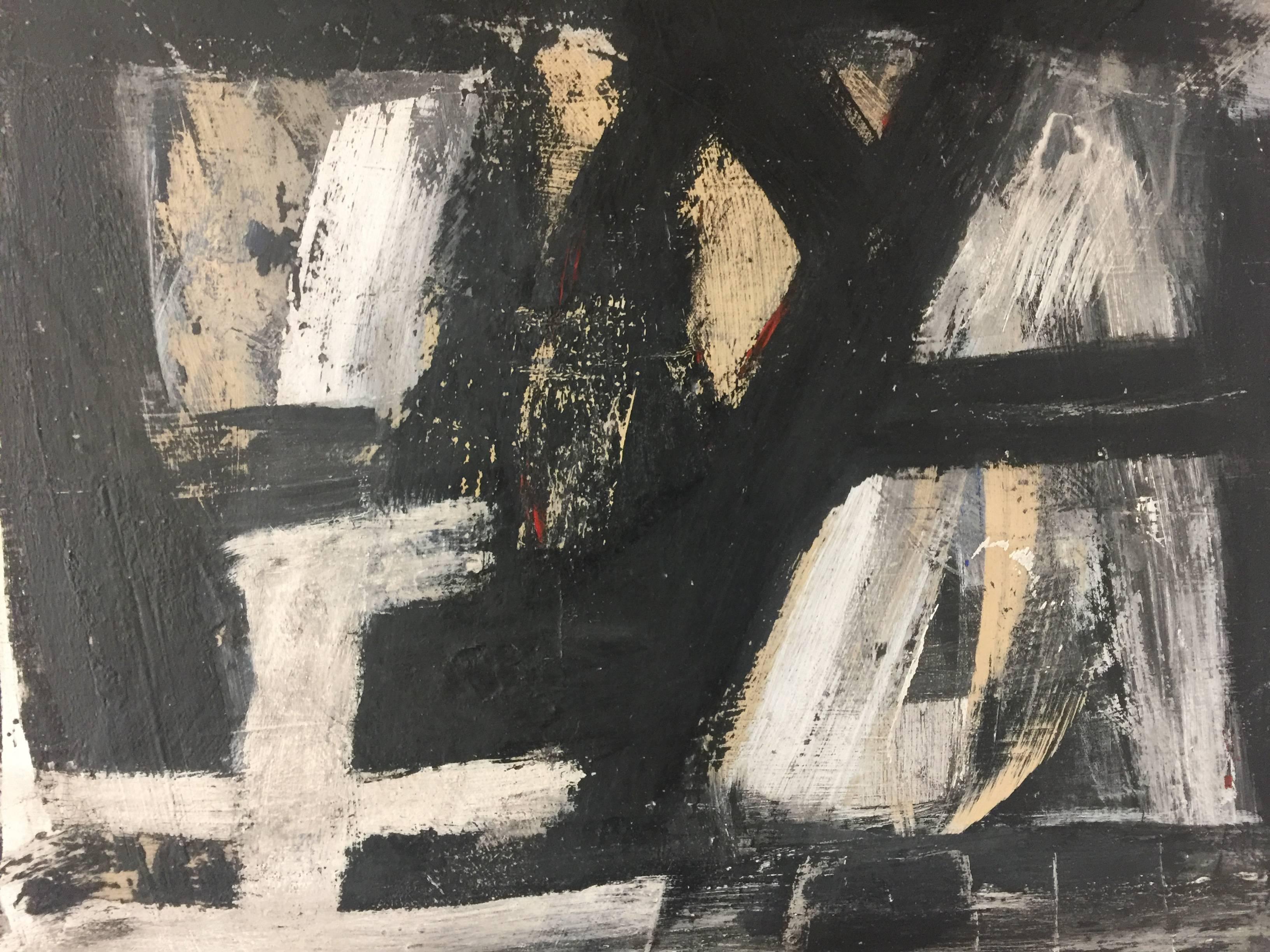 Great abstract expressionist painting in canvas featuring sweeping gestural brush strokes in black and white, with hints of red. Rustic wood frame. Wired for hanging. Unsigned.