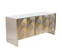 Hollywood Regency Brass and Brushed Steel Chevron Credenza or Dresser by Ello