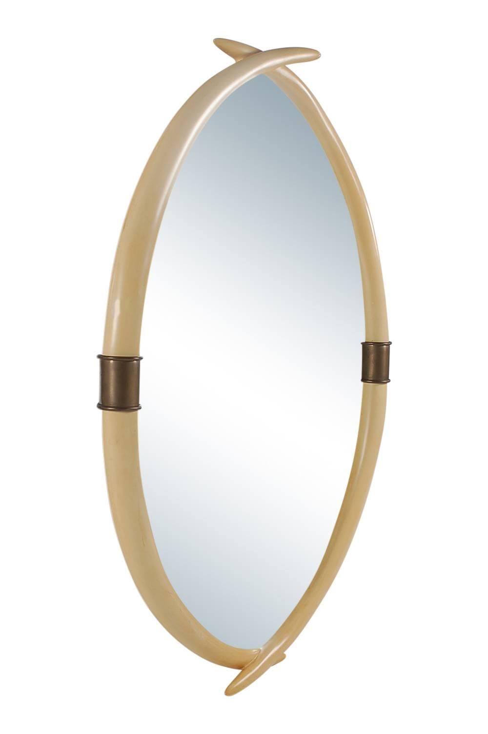 American Hollywood Regency Brass and Faux Ivory Tusk Wall Mirror, Mid-Century Modern