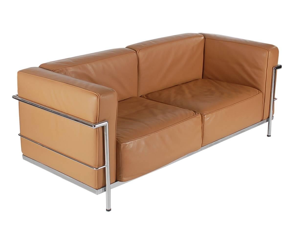 Late 20th Century Mid-Century Modern Pair of Tan Leather Sofas in the Style LC2 Corbusier Cassina 