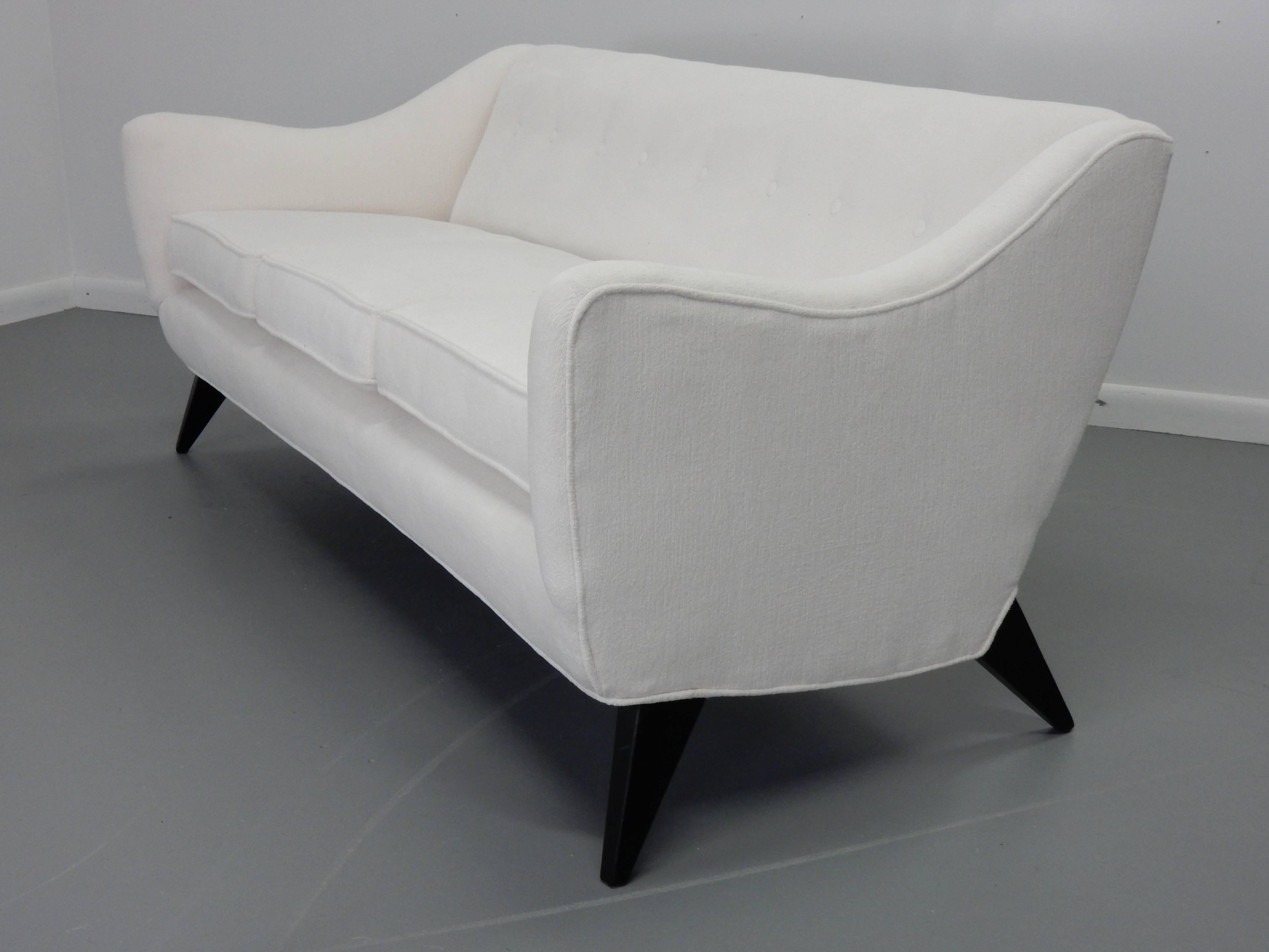 Mid-Century Modern Italian Sofa with Textured White Velvet and Ebonized Legs