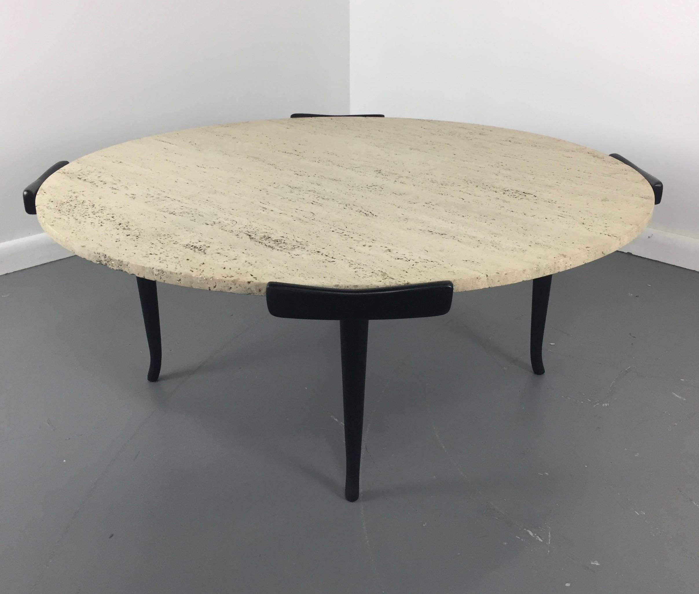 Italian Travertine and Ebonized Wood Coffee Table in the manner of Ico Parisi 3