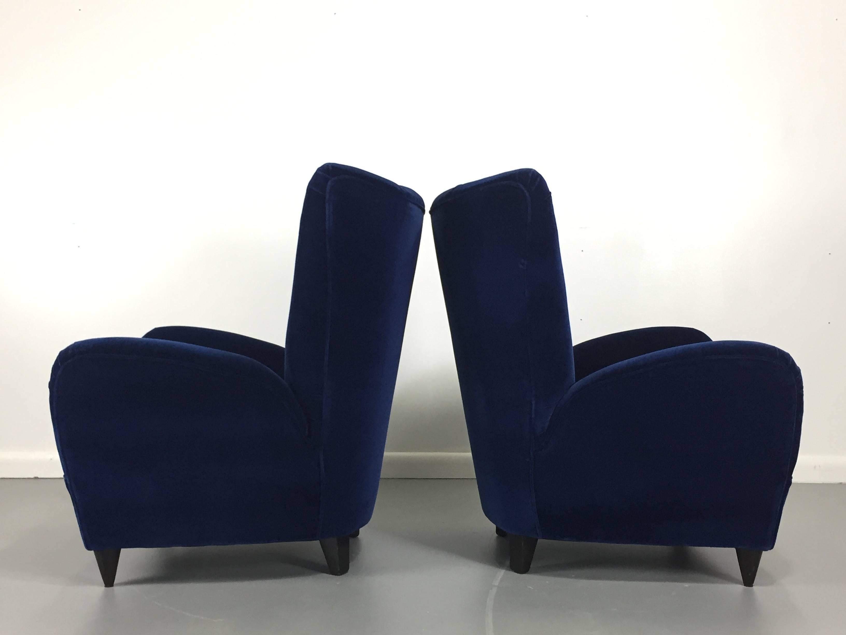 Italian Paola Buffa Lounge Chairs in Navy Velvet, a Pair