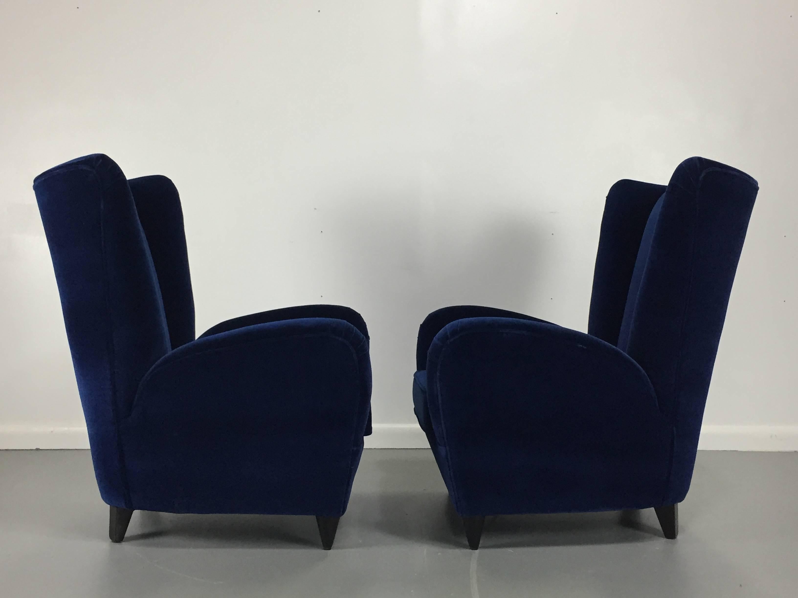 Ebonized Paola Buffa Lounge Chairs in Navy Velvet, a Pair