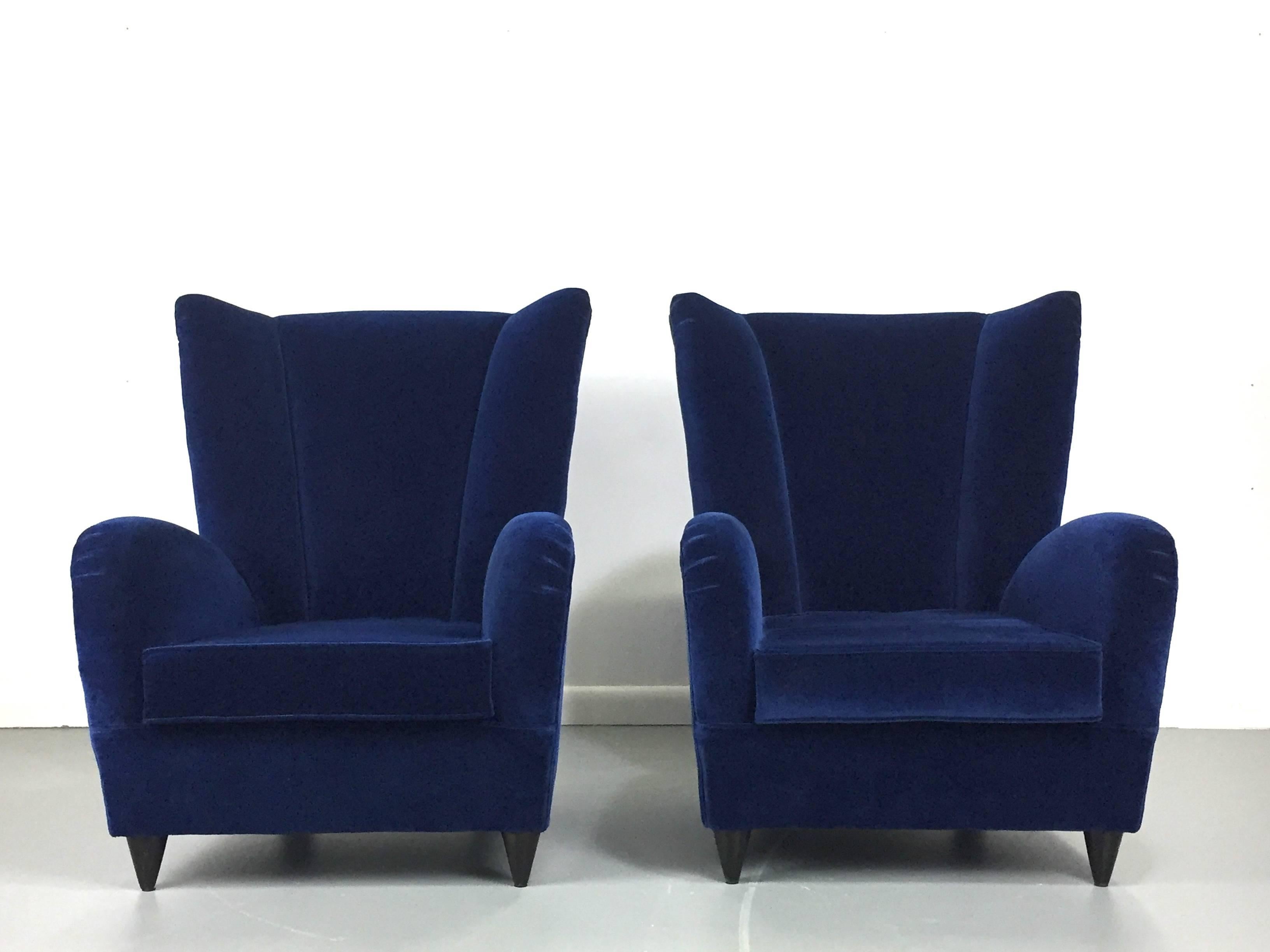 20th Century Paola Buffa Lounge Chairs in Navy Velvet, a Pair