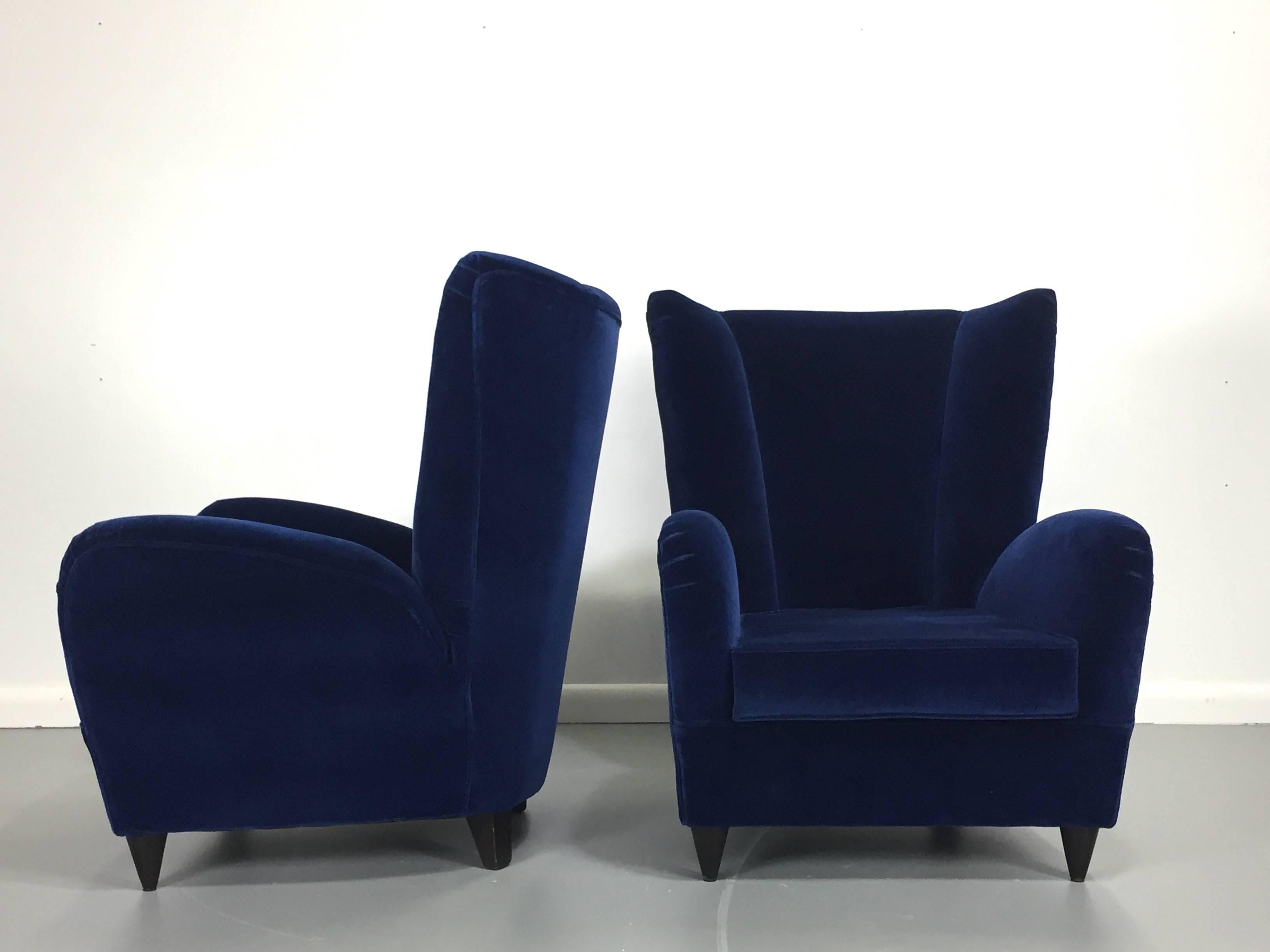 Upholstery Paola Buffa Lounge Chairs in Navy Velvet, a Pair