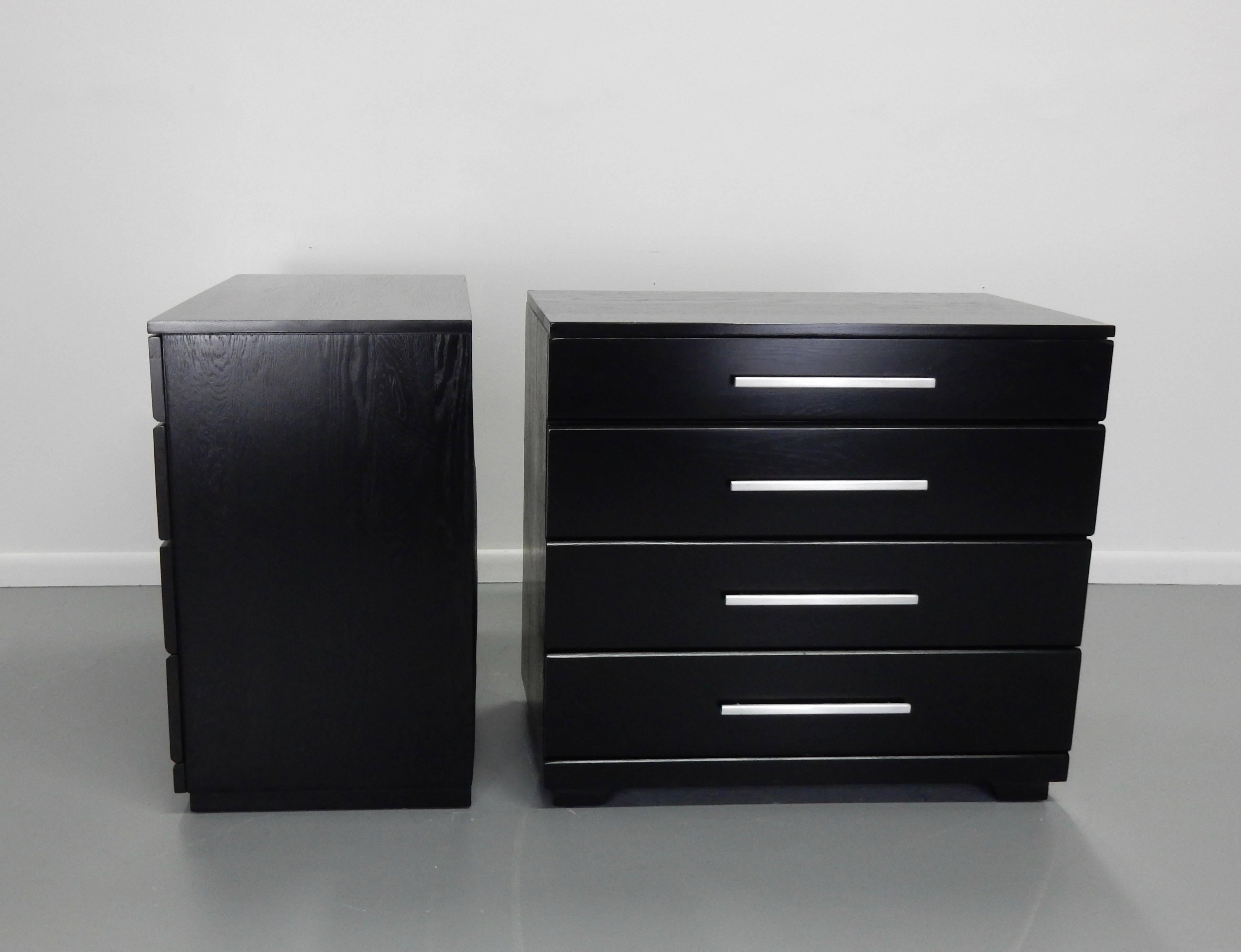 Beautifully crafted pair of bedside chests by Raymond Loewy for Mengel with brushed aluminum bar pulls. These chests have been meticulously refinished in black lacquer.


Ray Loewy worked in that extraordinary period with Harvey Probber, Vladimir