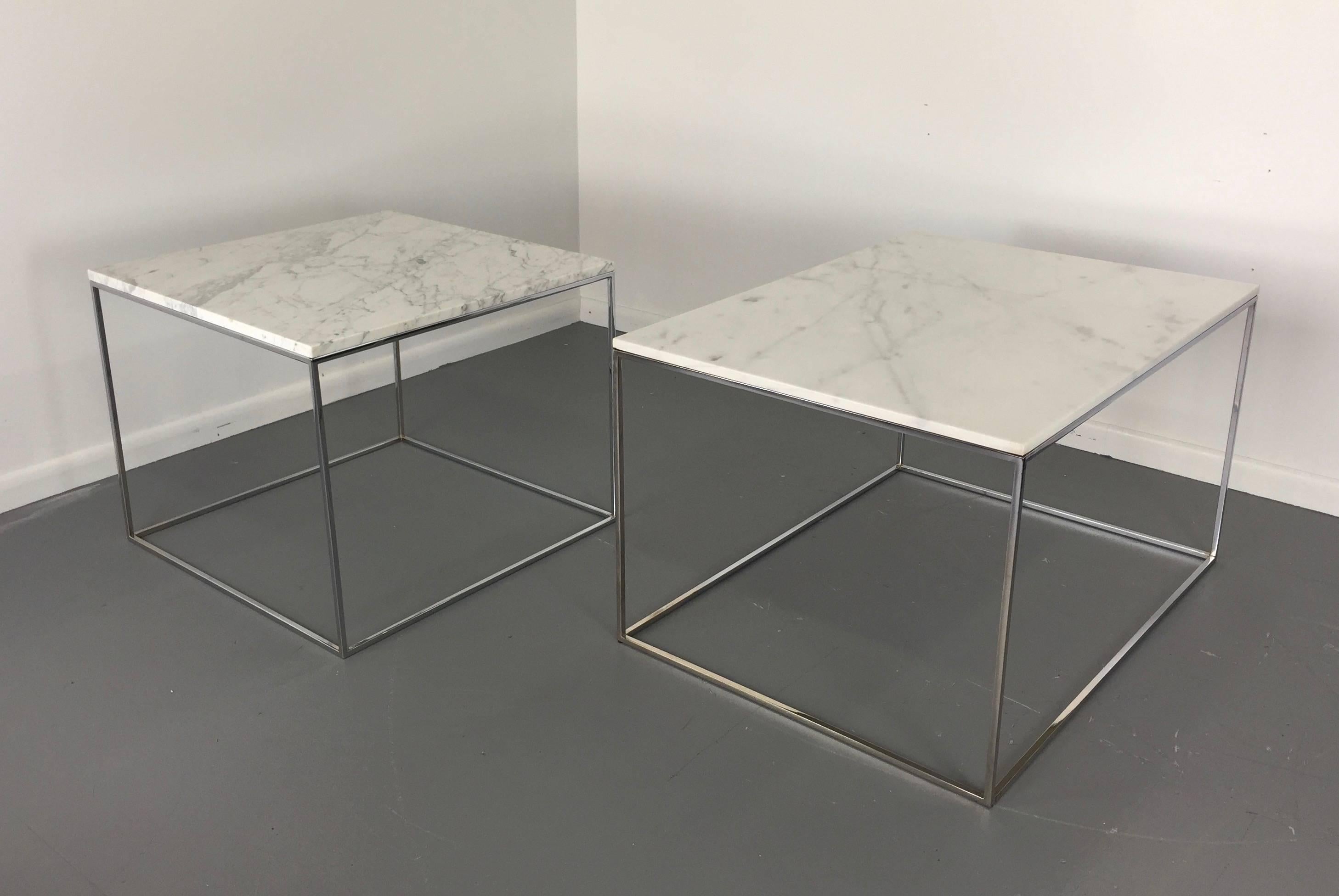 American Mid-Century Milo Baughman for Thayer Coggin chrome and marble side tables or end table. Featuring a rectangular and square shape with solid marble atop an open and square 1/2" tubular framework chrome base. Great multi use multi