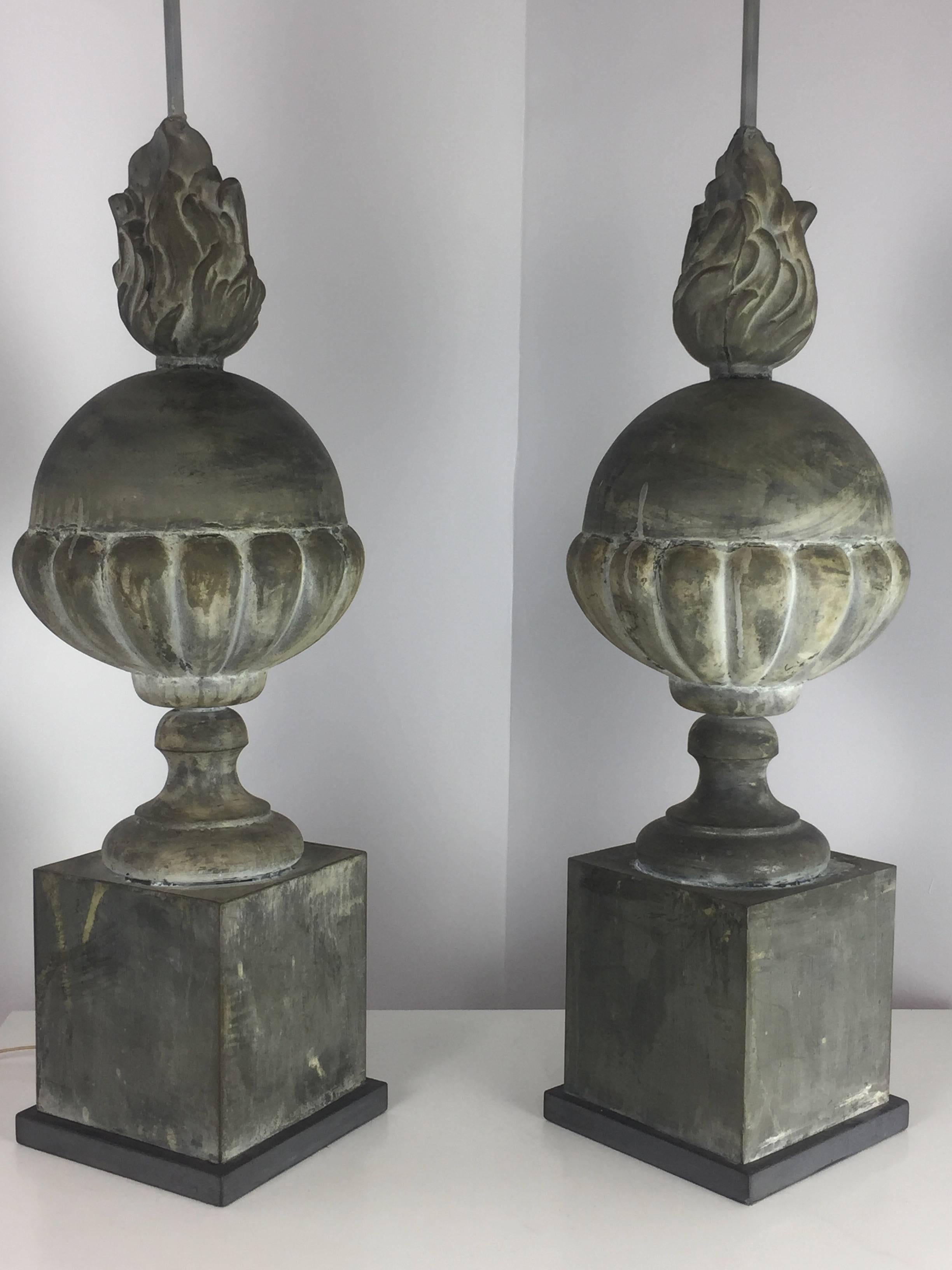 Beautifully patinated table lamps created in the middle of the last century. These lamps have a lovely patina with architectural elements that would add a stately feeling to any room.