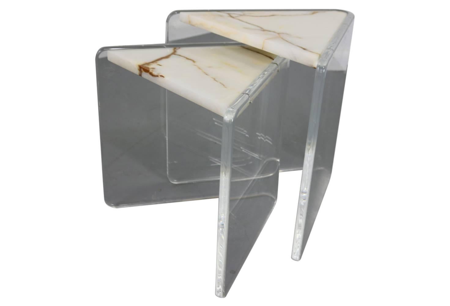 Mid-Century Modern Pair of Enrique Garcel Marble and Lucite Stacking Triangle Tables