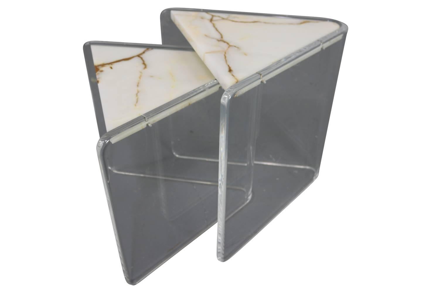 Colombian Pair of Enrique Garcel Marble and Lucite Stacking Triangle Tables