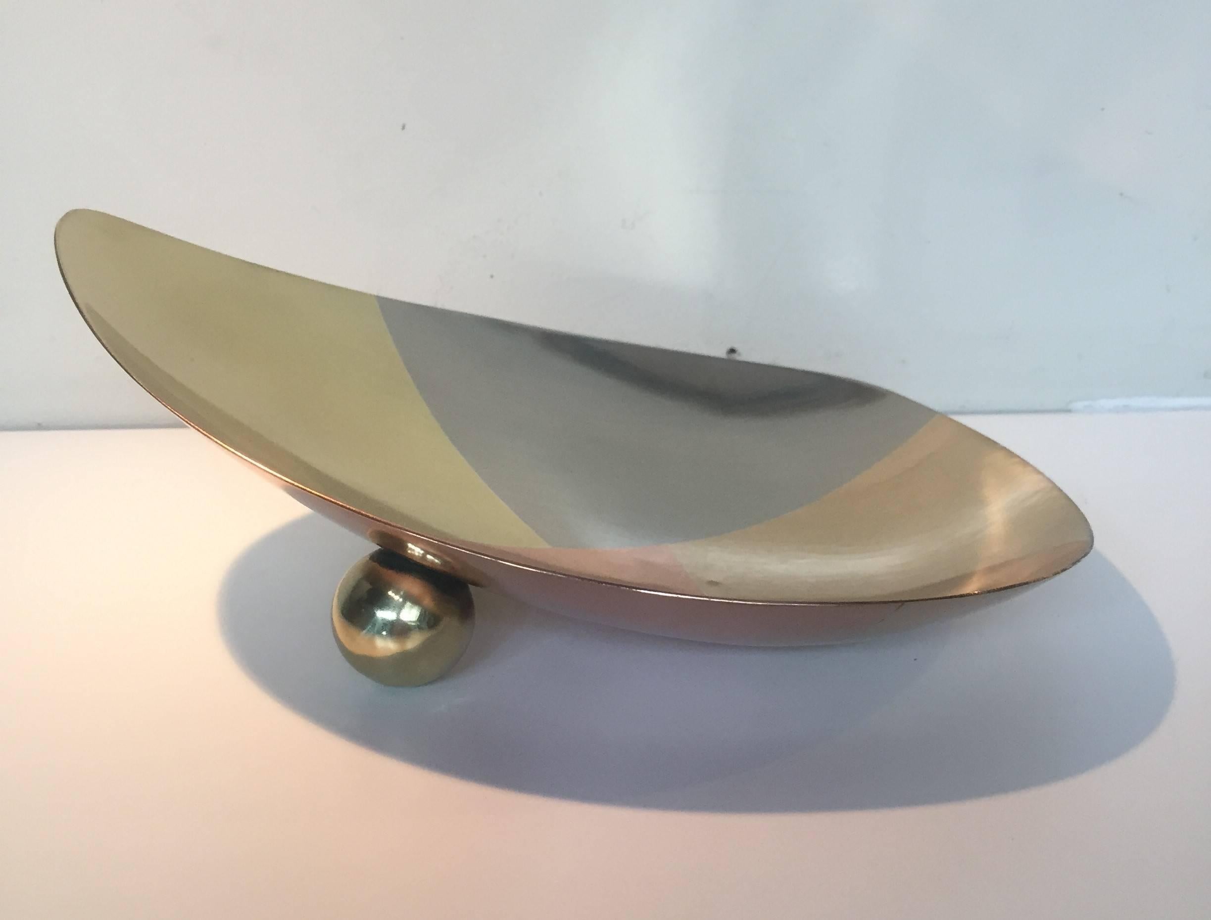This vintage dish produced by Los Castillo is a combination of various metals joined in a geometric pattern.
