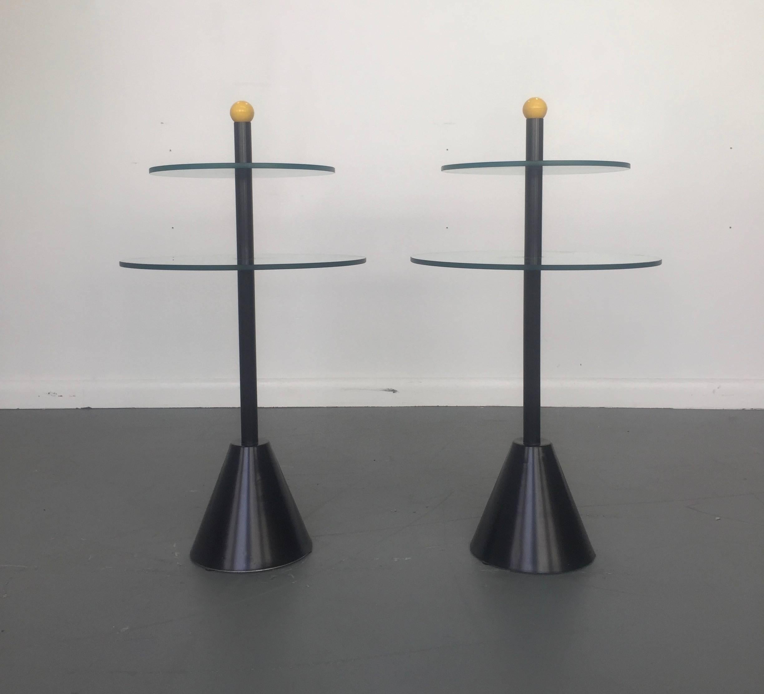 Mid-Century Modern Memphis Side Tables of Glass and Enameled Steel, Sottsass, de Lucchi Style