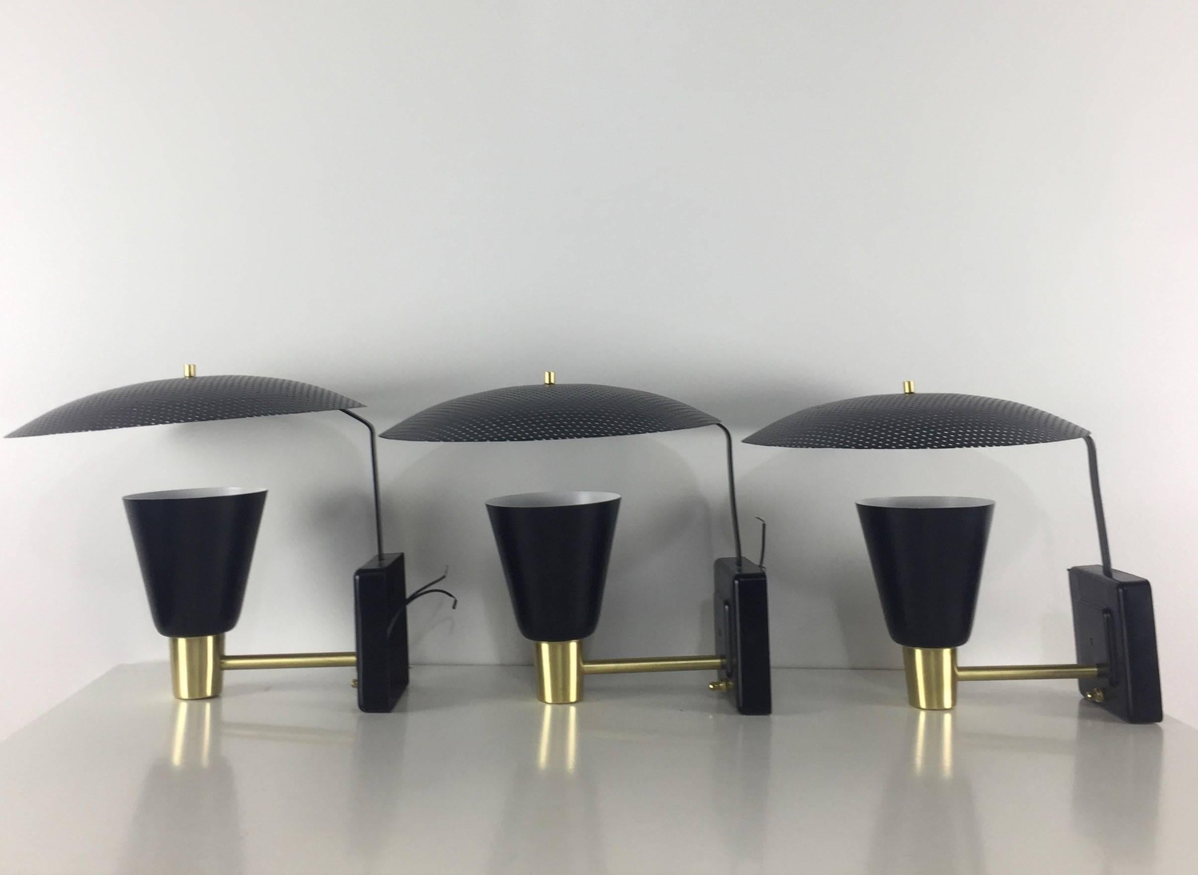 Mid-Century Modern Sconces in the Style of Mategot, Enameled Black and Brass Mid Century set of 3