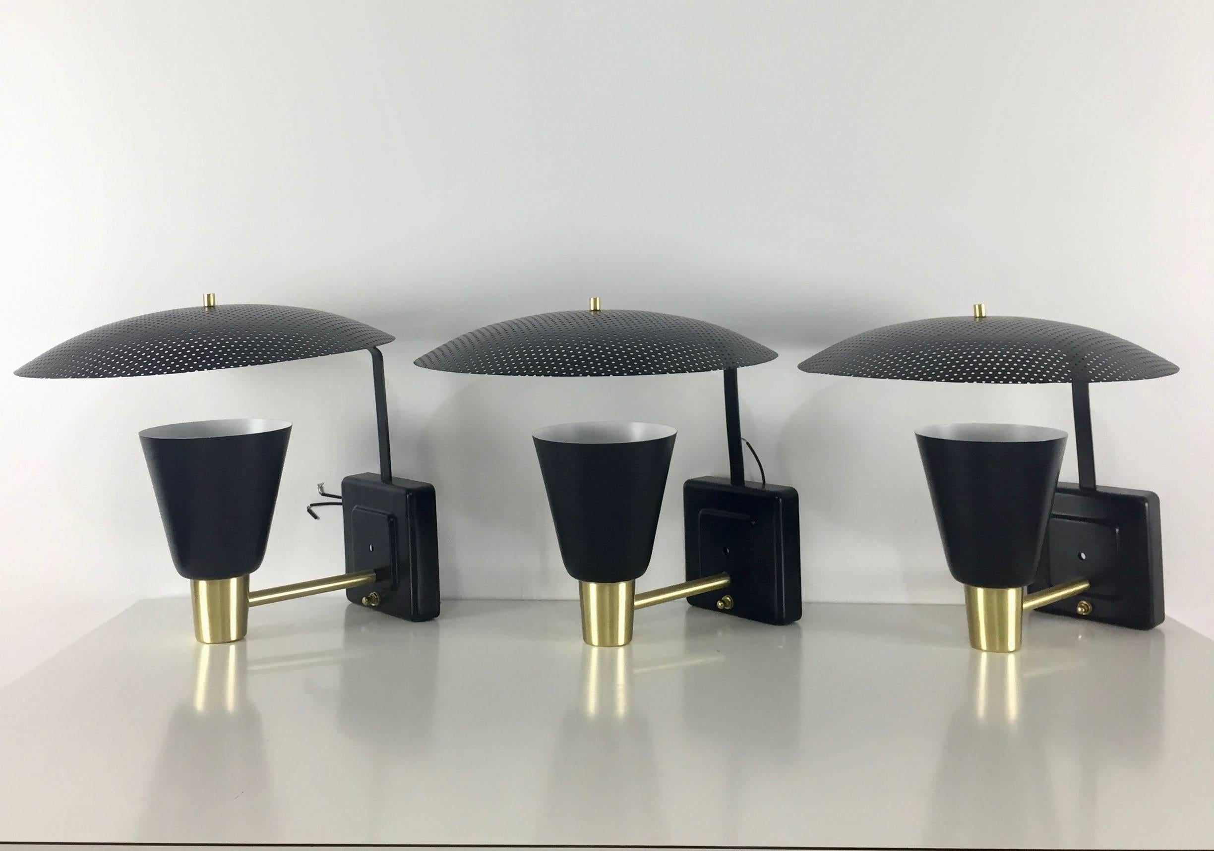 Sconces in the Style of Mategot, Enameled Black and Brass Mid Century set of 3 In Excellent Condition In Philadelphia, PA