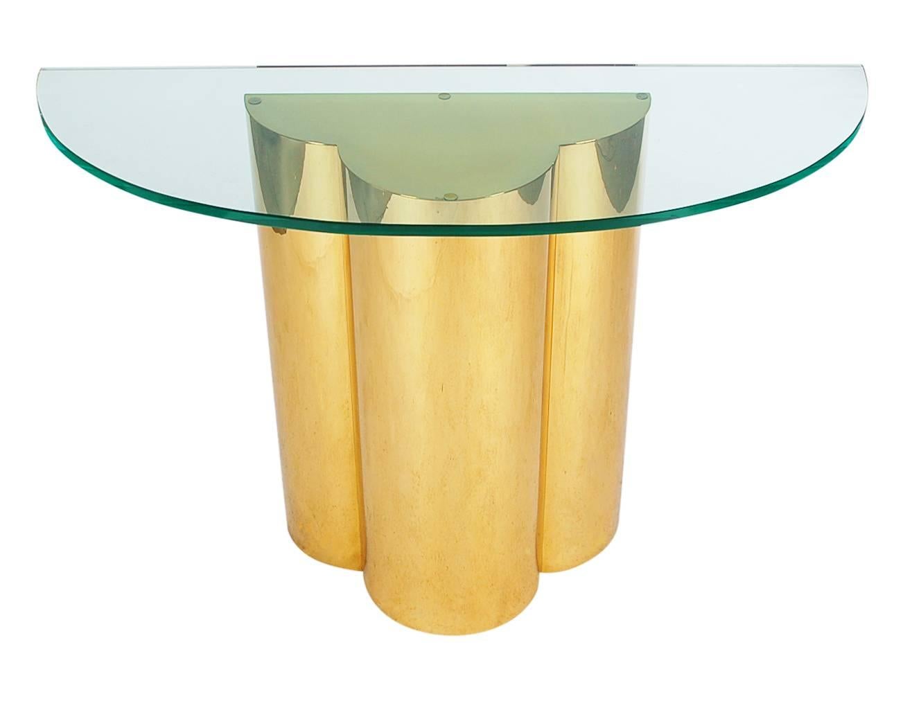 American Hollywood Regency Brass and Glass Trefoil Console Table Attributed to C. Jere
