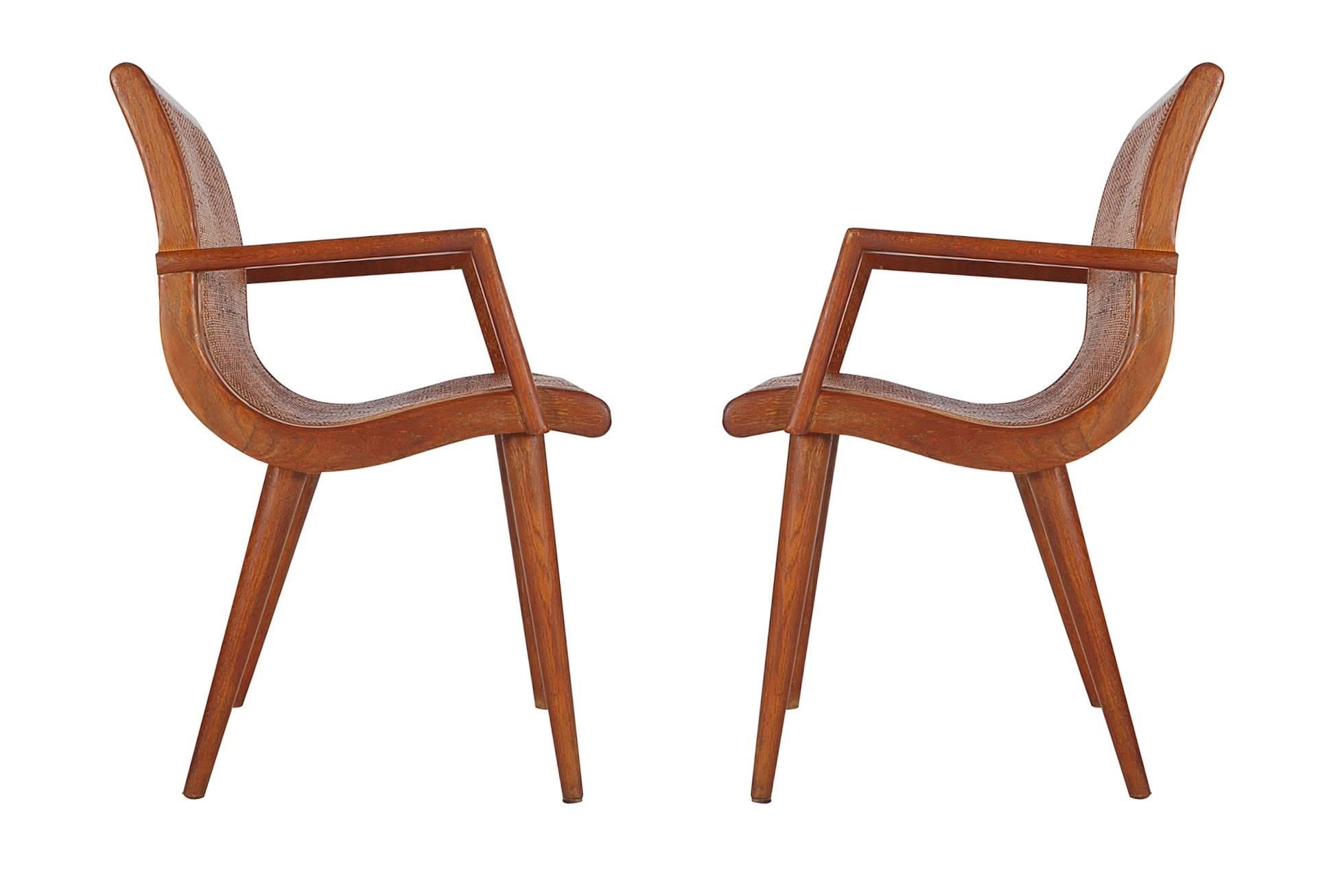 American Mid-Century Modern Cane and Oak Danish Modern Style Armchairs