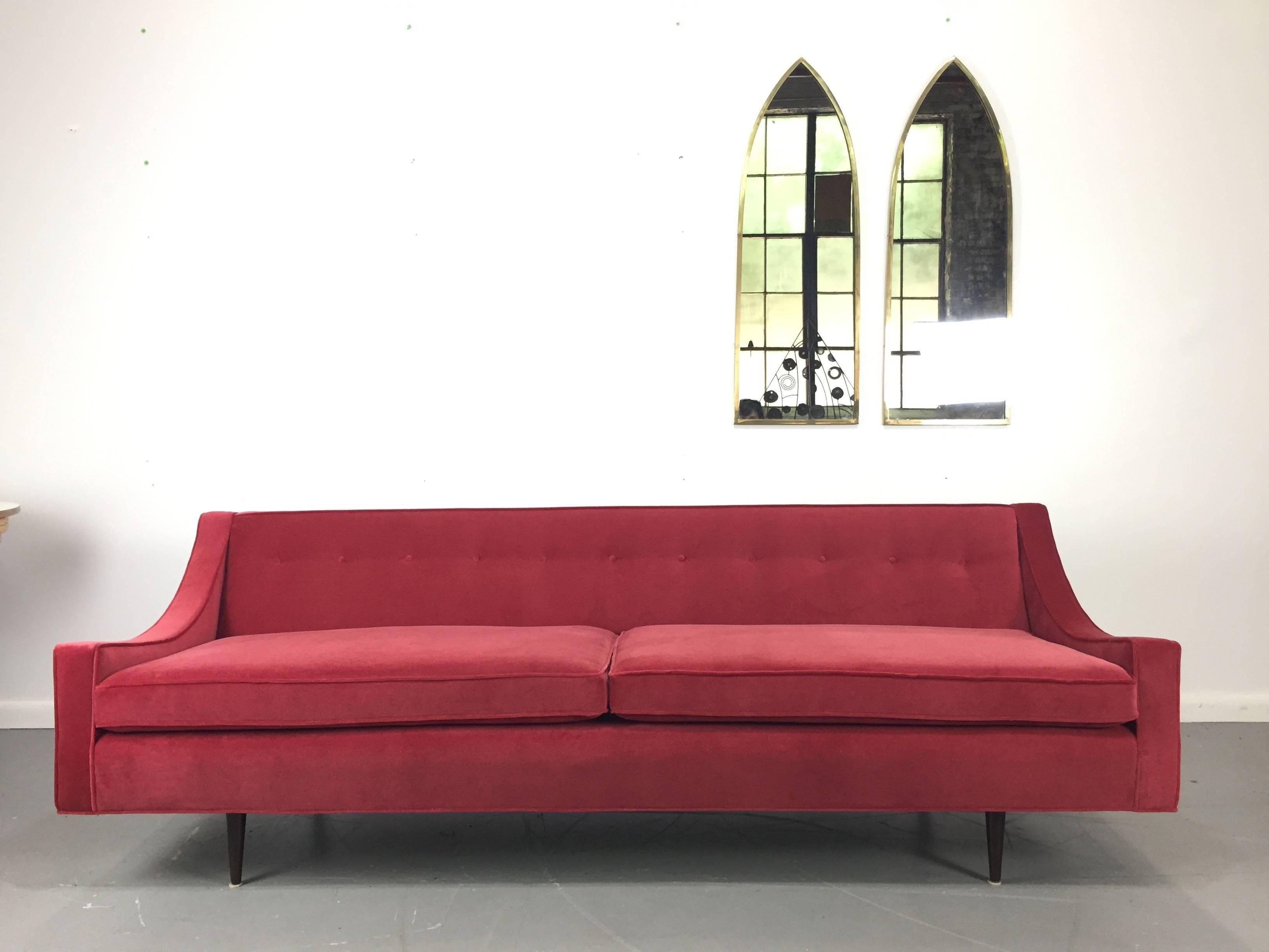 Vintage Thayer Coggin sofa with beautiful swooped arms newly
re-upholstered in a rose velvet and refinished walnut tapered legs.


Milo Baughman worked in the period of Harvey Probber, Vladimir Kagan, Paul Mccobb.