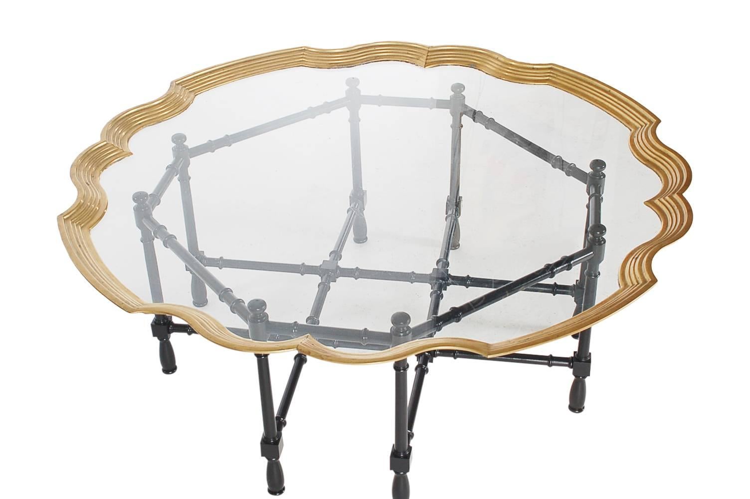 American Hollywood Regency Faux Bamboo, Brass and Glass Cocktail Table, Asian Modern