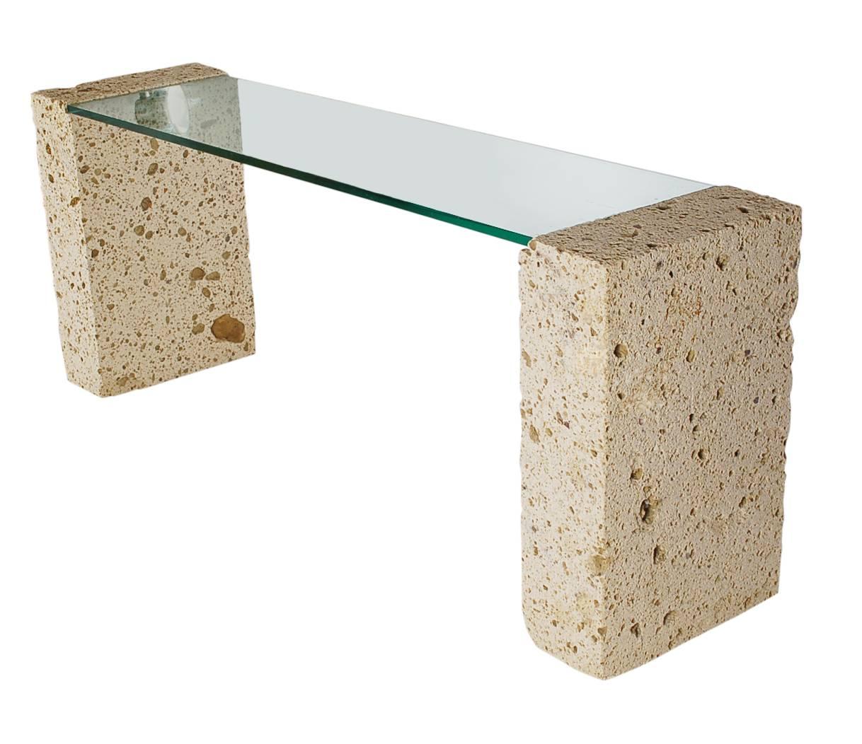 American Mid-Century Modern Cut White Coral and Glass Console Table or Desk After Sirmos