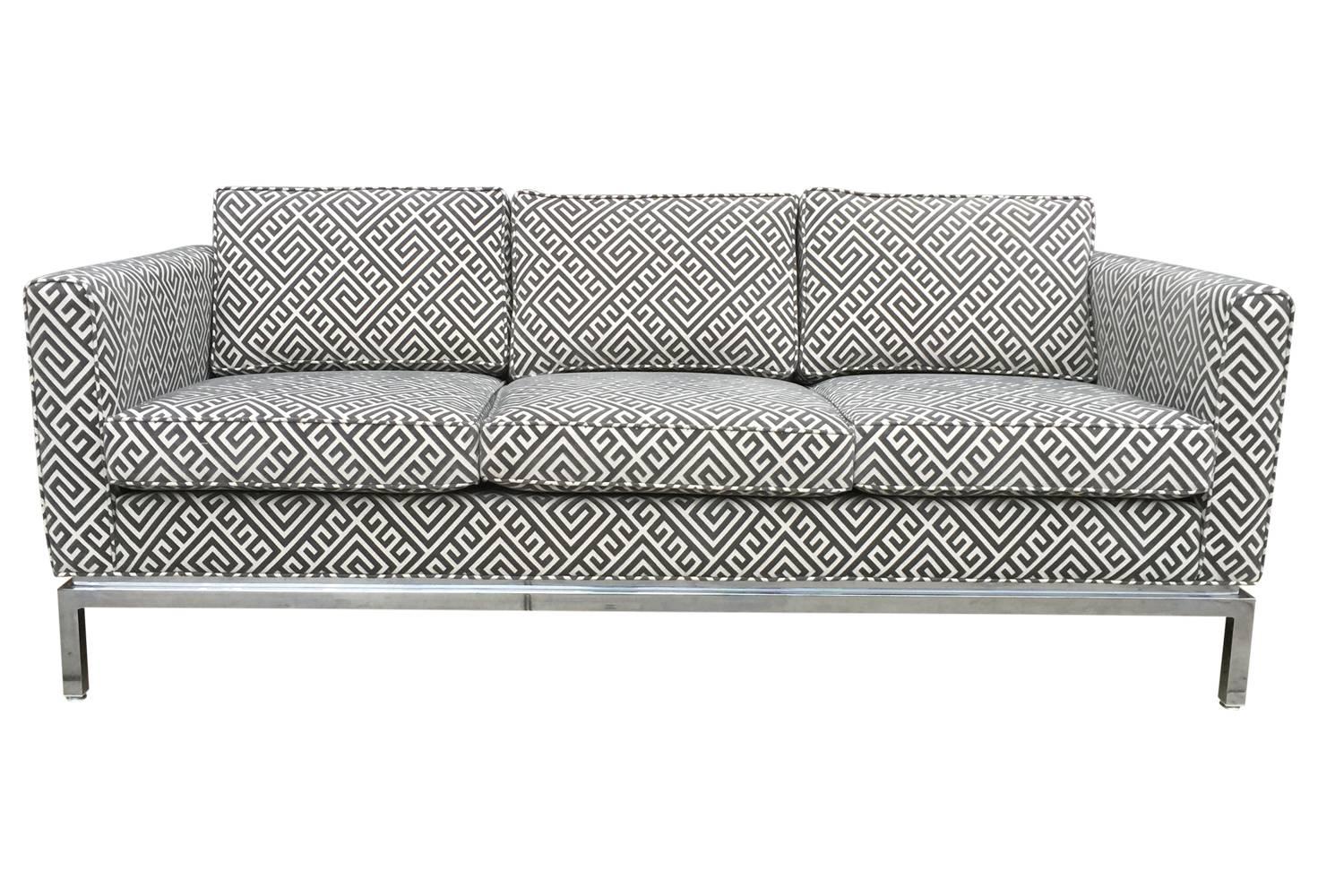 20th Century Knoll Style Mid-Century Modern Chrome Sofa in Grey Greek Key Cut Velvet