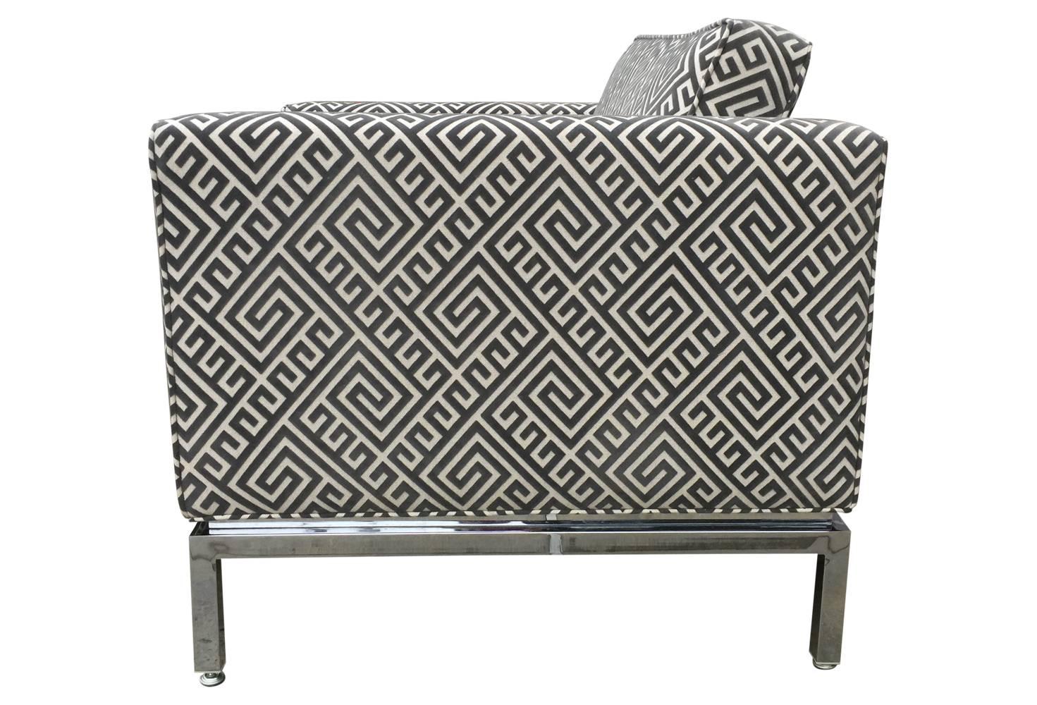 American Knoll Style Mid-Century Modern Chrome Sofa in Grey Greek Key Cut Velvet