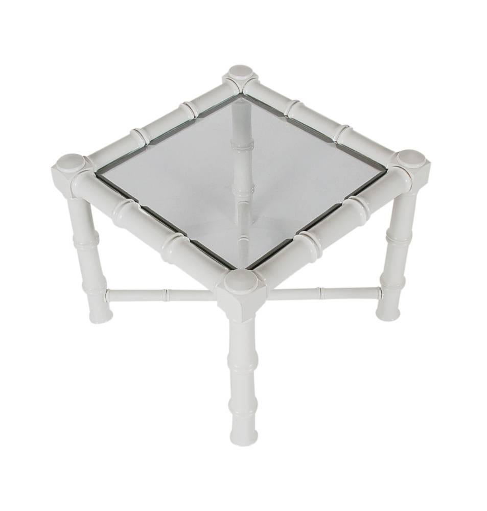 Glass Hollywood Regency Chunky White Faux Bamboo Chinoiserie End Tables, Midcentury