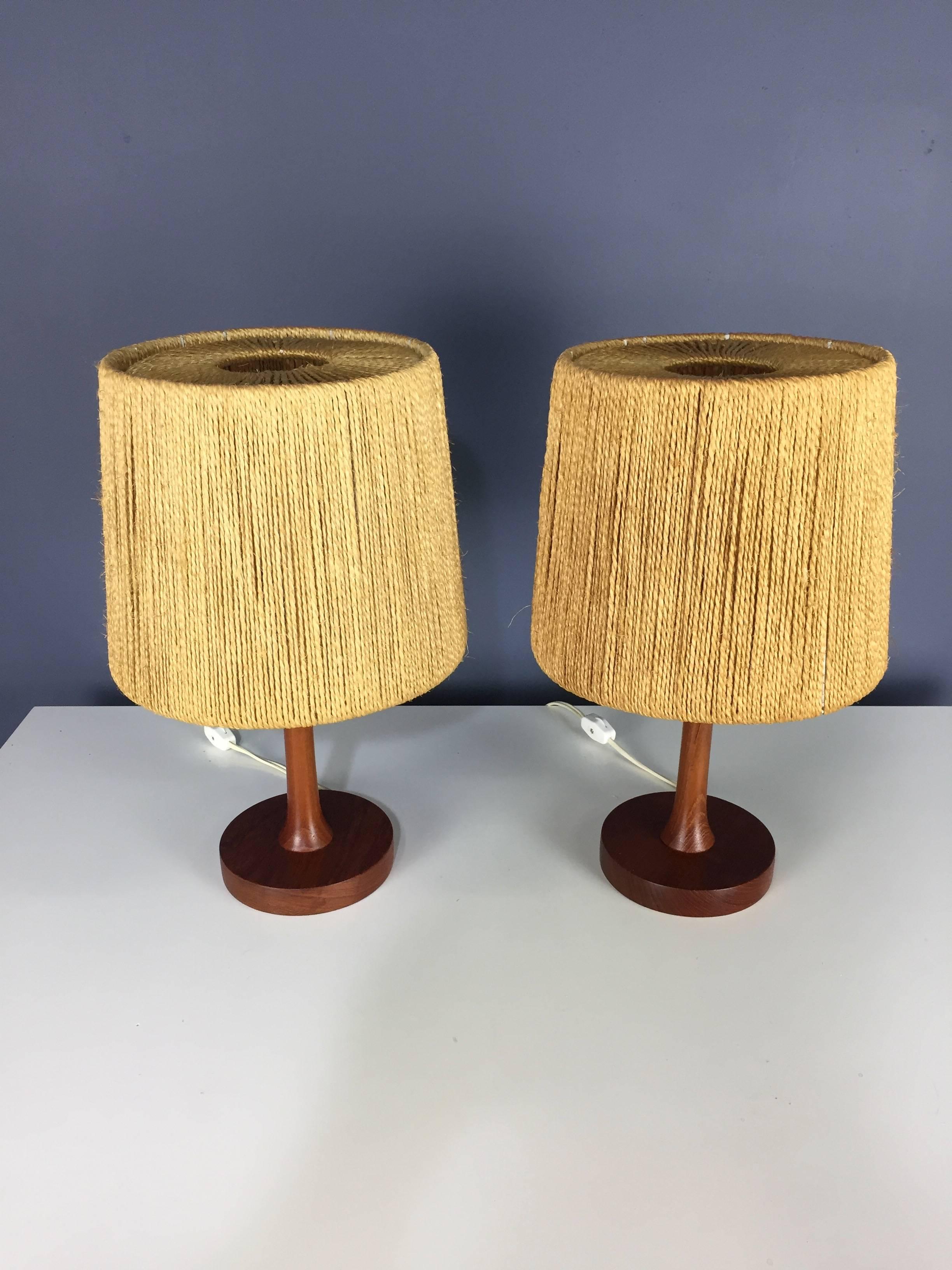 Teak and Rope Midcentury Table Lamps a Pair of after Ib Fabiansen In Excellent Condition In Philadelphia, PA
